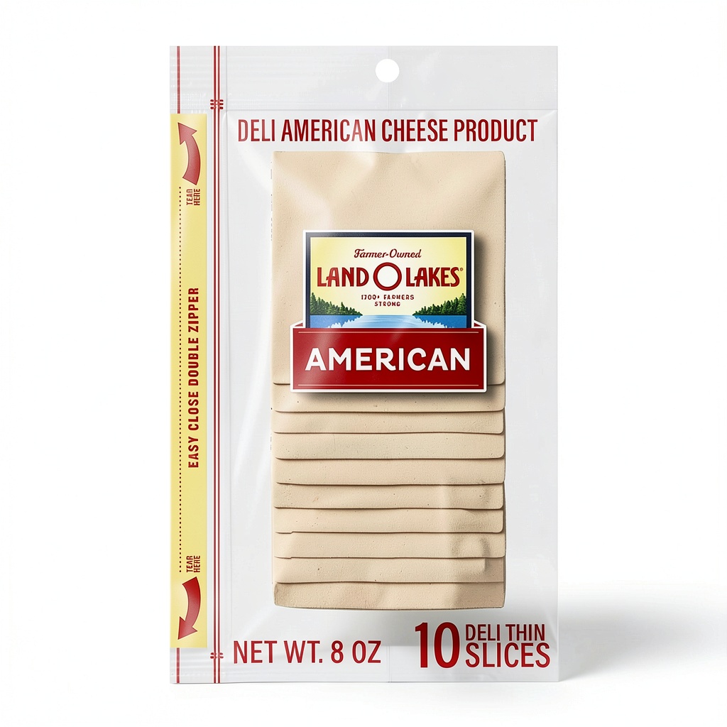 Land O Lakes Deli American Sliced Cheese package on a kitchen counter