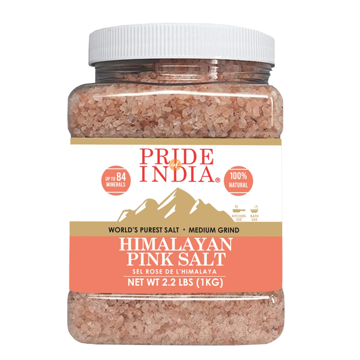 Pride Of India Himalayan Pink Salt in coarse grind on a wooden table