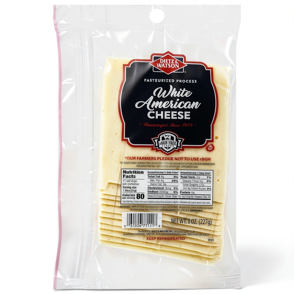 Dietz Watson Sliced White American Cheese package on a kitchen counter