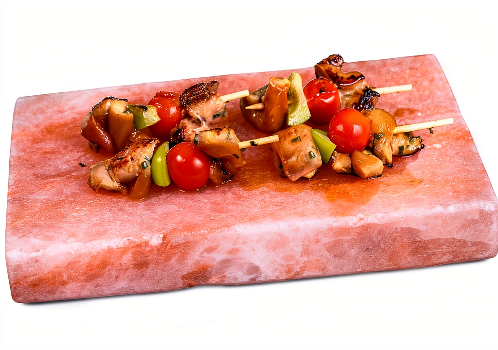 Neslinks Himalayan salt block on a grill with seared vegetables