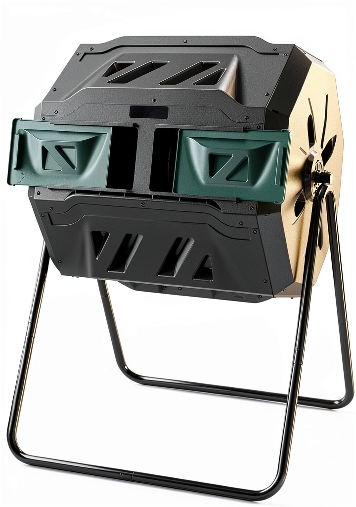 EAST OAK compost tumbler placed on a backyard patio