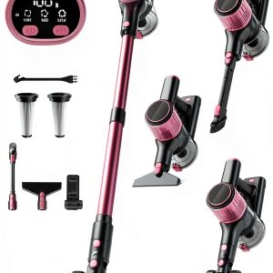 Cordless Vacuum Cleaner, 8 in 1 Powerful Suction Lightweight Vacuum Cleaner for Home, LED Display, 3 Suction Modes, 45Mins Detachable Battery Vacuum for Hard Floor Carpet Pet Hair, Pink-0