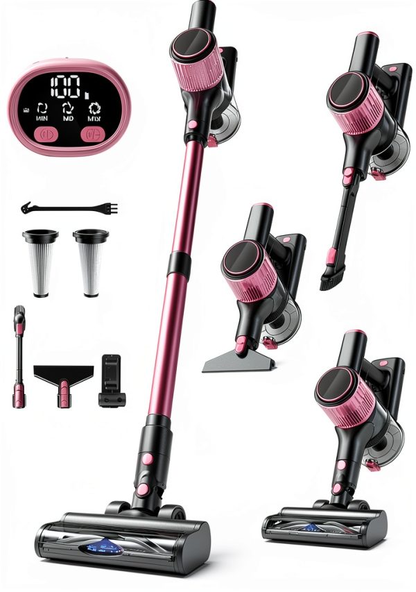 Cordless Vacuum Cleaner, 8 in 1 Powerful Suction Lightweight Vacuum Cleaner for Home, LED Display, 3 Suction Modes, 45Mins Detachable Battery Vacuum for Hard Floor Carpet Pet Hair, Pink-0